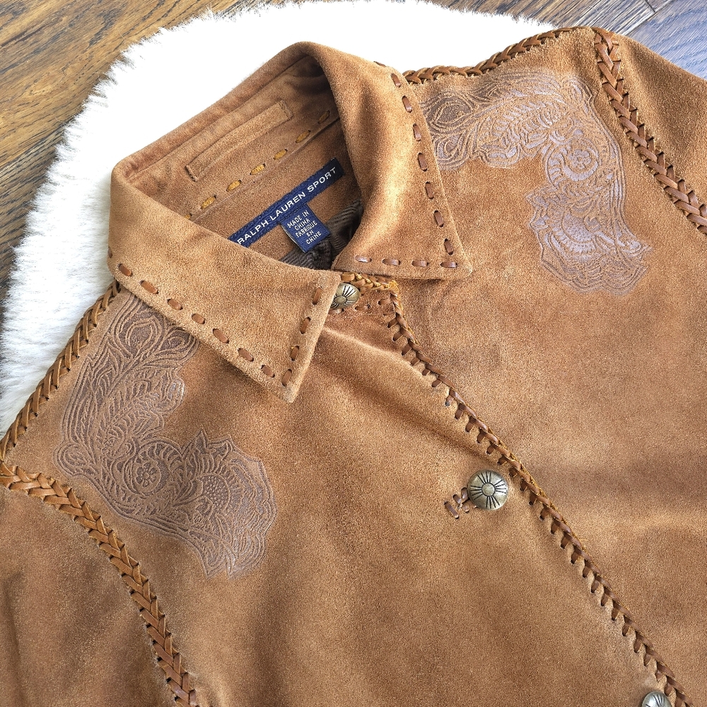 RARE Vintage Ralph Lauren Western Boho Suede Whip Stitch Tooled Leather Jacket - Picture 2 of 13